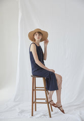 Sleeveless Linen Midi Dress With Front Button Closure And Square Neckline For Modern Minimalism