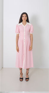 Linen Midi Dress With Contrast Collar and Puff Sleeves Button-Front Detail