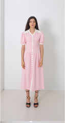 Linen Midi Dress With Contrast Collar and Puff Sleeves Button-Front Detail