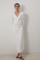 Long Sleeve Linen Midi Dress for Women with V-Neckline and Front Knot Detail – Timeless Fit