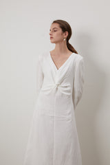 Long Sleeve Linen Midi Dress for Women with V-Neckline and Front Knot Detail – Timeless Fit