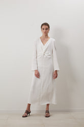 Long Sleeve Linen Midi Dress for Women with V-Neckline and Front Knot Detail – Timeless Fit