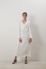 Long Sleeve Linen Midi Dress for Women with V-Neckline and Front Knot Detail – Timeless Fit