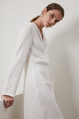 Long Sleeve Linen Midi Dress for Women with V-Neckline and Front Knot Detail – Timeless Fit