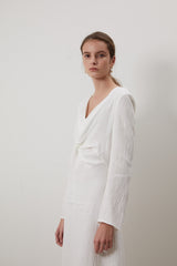 Long Sleeve Linen Midi Dress for Women with V-Neckline and Front Knot Detail – Timeless Fit