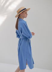 Linen Shirt Dress With Waist Tie, Collared Neckline, And Rolled Sleeves For Tailored Ease