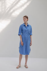 Linen Shirt Dress With Waist Tie, Collared Neckline, And Rolled Sleeves For Tailored Ease