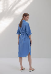 Linen Shirt Dress With Waist Tie, Collared Neckline, And Rolled Sleeves For Tailored Ease