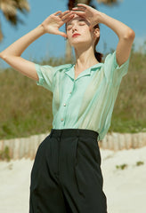 Soft Silk Short-Sleeve Blouse With Delicate Sheen And Feminine Drape For Elevated Summer Styling