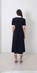 Linen Button-Front Midi Dress With Contrast Collar And Puff Sleeves