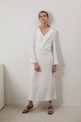 Long Sleeve Linen Midi Dress for Women with V-Neckline and Front Knot Detail – Timeless Fit