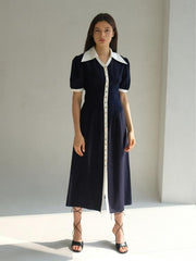 Linen Button-Front Midi Dress With Contrast Collar And Puff Sleeves