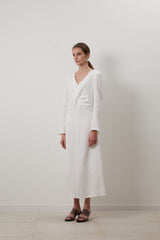 Long Sleeve Linen Midi Dress for Women with V-Neckline and Front Knot Detail – Timeless Fit