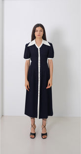 Linen Button-Front Midi Dress With Contrast Collar And Puff Sleeves