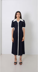 Linen Button-Front Midi Dress With Contrast Collar And Puff Sleeves