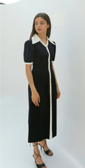 Linen Button-Front Midi Dress With Contrast Collar And Puff Sleeves