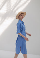 Linen Shirt Dress With Waist Tie, Collared Neckline, And Rolled Sleeves For Tailored Ease