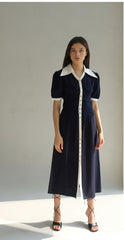 Linen Button-Front Midi Dress With Contrast Collar And Puff Sleeves
