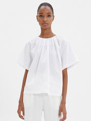 Relaxed-Fit Women’s Linen Blouse with Gathered Neckline and Elbow-Length Sleeves