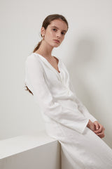 Long Sleeve Linen Midi Dress for Women with V-Neckline and Front Knot Detail – Timeless Fit