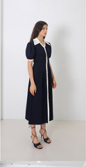 Linen Button-Front Midi Dress With Contrast Collar And Puff Sleeves