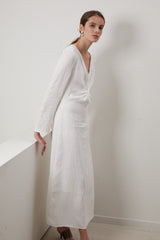 Long Sleeve Linen Midi Dress for Women with V-Neckline and Front Knot Detail – Timeless Fit