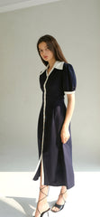 Linen Button-Front Midi Dress With Contrast Collar And Puff Sleeves