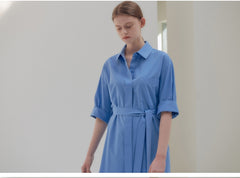 Linen Shirt Dress With Waist Tie, Collared Neckline, And Rolled Sleeves For Tailored Ease