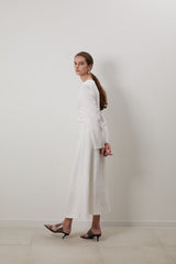 Long Sleeve Linen Midi Dress for Women with V-Neckline and Front Knot Detail – Timeless Fit