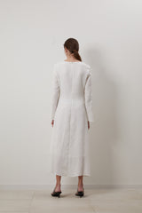 Long Sleeve Linen Midi Dress for Women with V-Neckline and Front Knot Detail – Timeless Fit