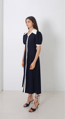 Linen Button-Front Midi Dress With Contrast Collar And Puff Sleeves