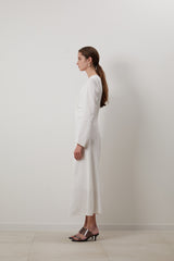 Long Sleeve Linen Midi Dress for Women with V-Neckline and Front Knot Detail – Timeless Fit