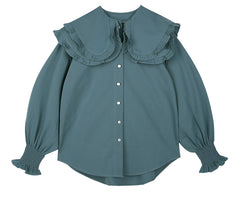 Cotton Poplin Blouse with Ruffled Peter Pan Collar and Smocked Cuffs – Women's Button-Up Shirt