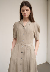 Women's Beige Linen Midi Shirt Dress – Short Sleeve Button Front Dress with Waist Belt