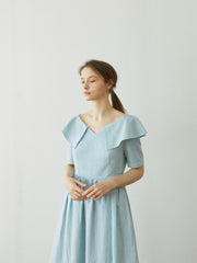 Linen Dress with Sculptural Folded Collar and Fitted Waist for Effortless Romantic Daywear