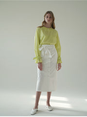 High-Waisted Linen Midi Skirt with Side Slits and Tie Belt – Button-Detail Wrap Design