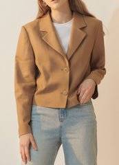 Tailored Linen Blazer with Cropped Fit, Notched Lapel, and Two-Button Front Closure