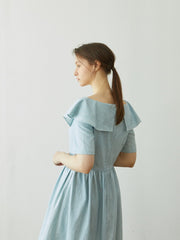 Linen Dress with Sculptural Folded Collar and Fitted Waist for Effortless Romantic Daywear