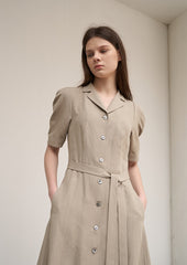 Women's Beige Linen Midi Shirt Dress – Short Sleeve Button Front Dress with Waist Belt