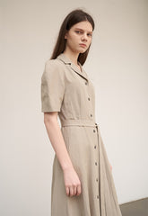 Women's Beige Linen Midi Shirt Dress – Short Sleeve Button Front Dress with Waist Belt