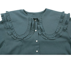 Cotton Poplin Blouse with Ruffled Peter Pan Collar and Smocked Cuffs – Women's Button-Up Shirt