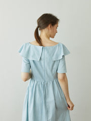 Linen Dress with Sculptural Folded Collar and Fitted Waist for Effortless Romantic Daywear