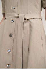 Women's Beige Linen Midi Shirt Dress – Short Sleeve Button Front Dress with Waist Belt