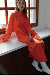 Linen Shirt Midi Dress with Belted Waist and Long Cuffed Sleeves