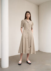 Women's Beige Linen Midi Shirt Dress – Short Sleeve Button Front Dress with Waist Belt