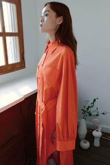 Linen Shirt Midi Dress with Belted Waist and Long Cuffed Sleeves