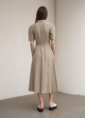 Women's Beige Linen Midi Shirt Dress – Short Sleeve Button Front Dress with Waist Belt