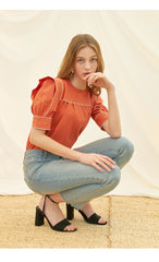 Linen Blouse With Contrast Piping And Square Yoke Detail