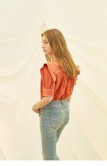 Linen Blouse With Contrast Piping And Square Yoke Detail