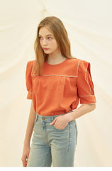 Linen Blouse With Contrast Piping And Square Yoke Detail